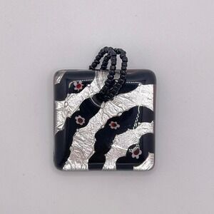 VTG Artisan Floral Dichroic Fused Glass Pendant Black Silver Handmade 90s Whimsy